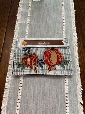 Perfect Harvest Tapestry Table Runner Plaid With Pumpkins 13 x 68 Inches NWT